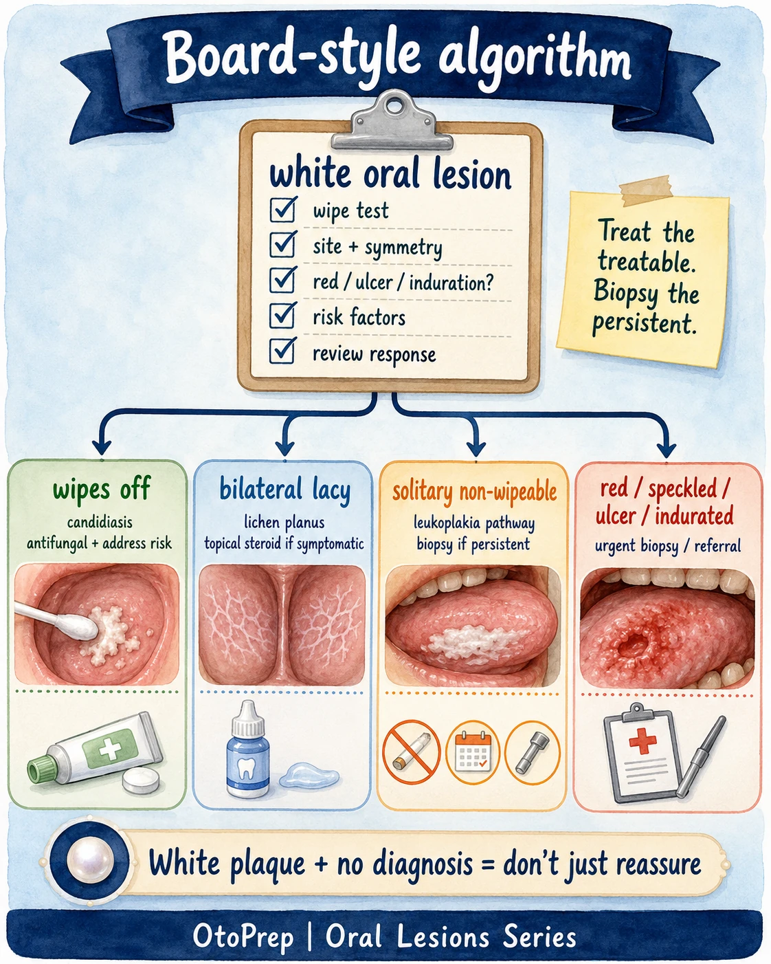 Board-style algorithm for a white oral lesion using wipe test, site, symmetry, risk factors and biopsy referral threshold.
